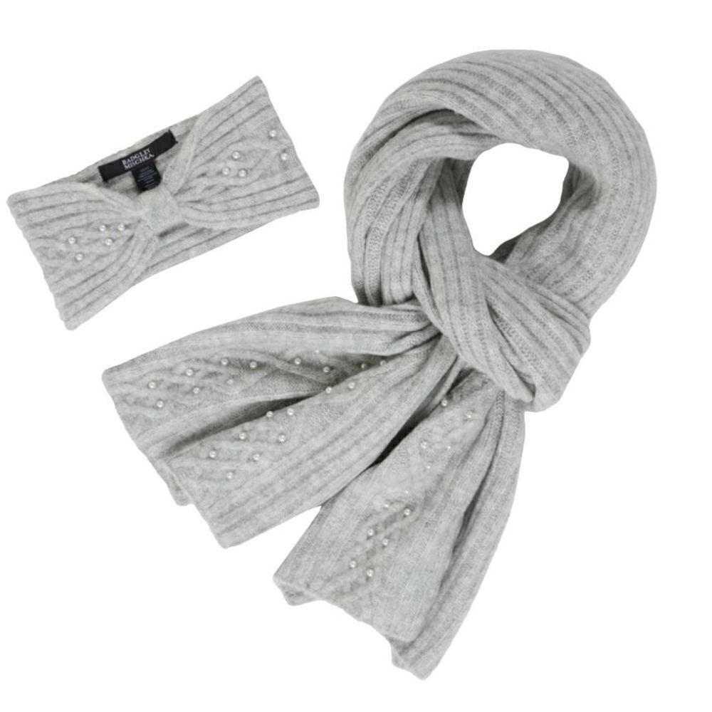 Badgley Mischka Cable Knit Headband & Scarf Set Gray with Pearl Trim